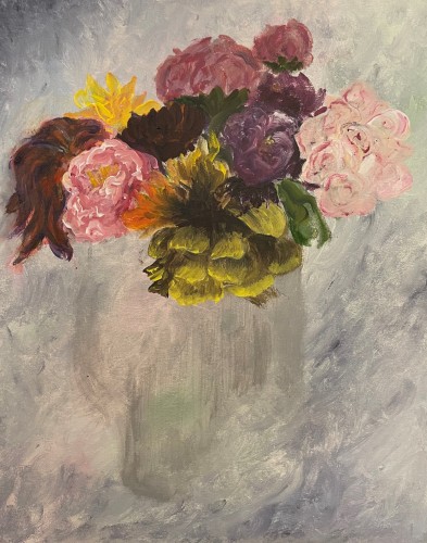 Art by Emily Wen.  A white background and white vase, with pink, red and yello flowers.