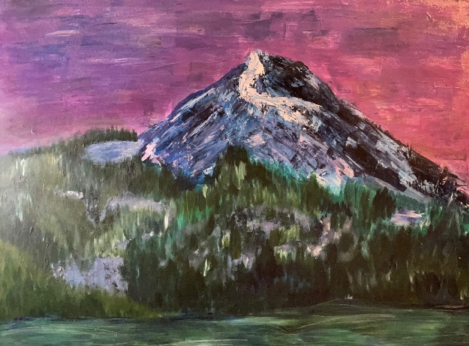 Art by Emily Wen.  A mountain with a purple-red sky and green forest below.