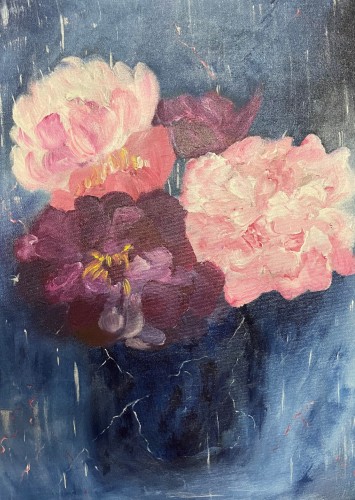 Art by Emily Wen.  A dark blue vase against a blue background with 4 pink and red roses.