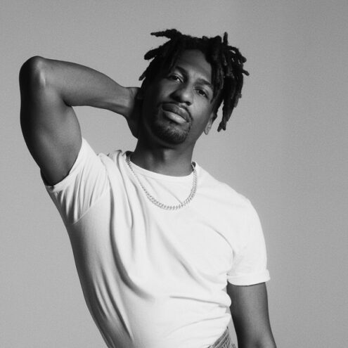 Black and white photo of composer Jon Batiste
