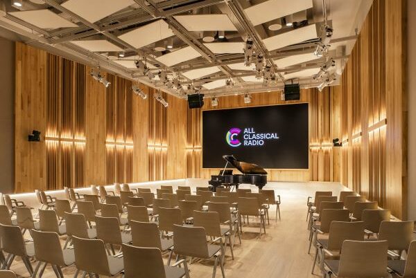 Performance Hall with All Classical logo on LCD screen, grand piano, and seats