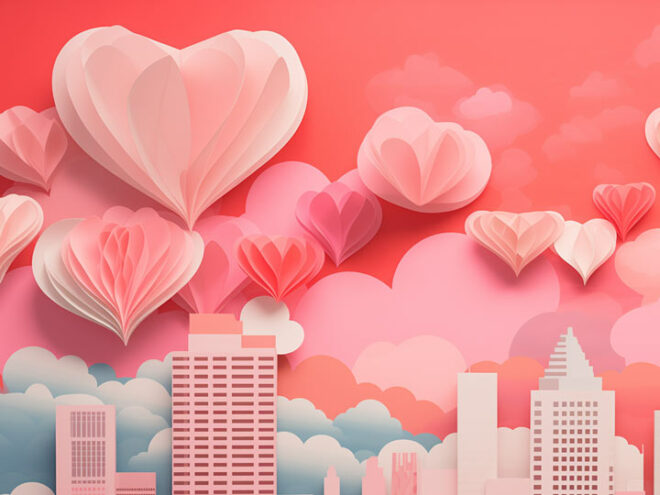 Featured image for All Classical Radio's 2026 Valentine's Day special, Love Story, image of a pink cityscape with hearts in the sky