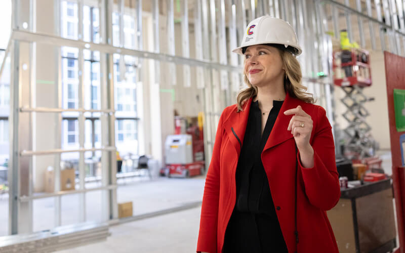 All Classical Radio President and CEO, Suzanne Nance, tours KOIN Tower during construction. Photo by Jaime-Valdez.