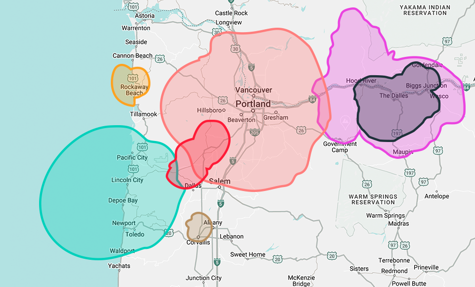 map of oregon with colored shapes designating coverage area
