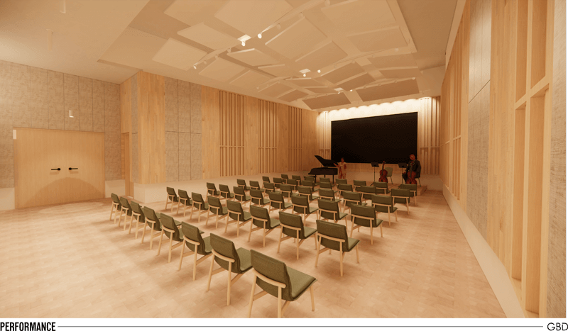 Architect rendering of the new All Classical Radio performance space at KOIN Tower. 
