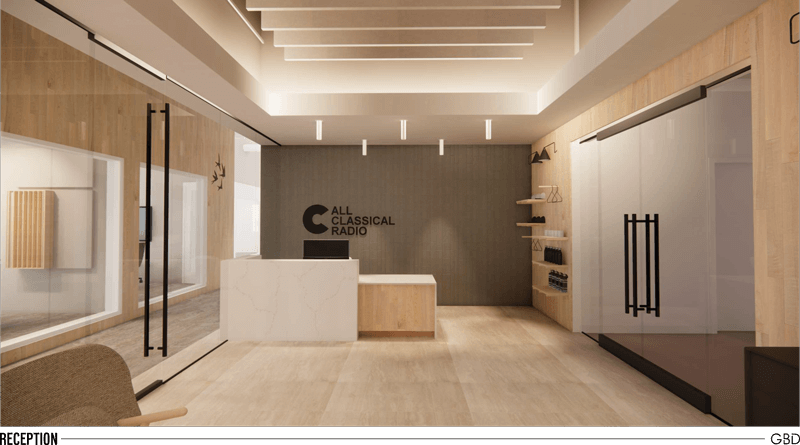 Architect rendering of the new All Classical Radio reception area at KOIN Tower. Opening Summer 2024.