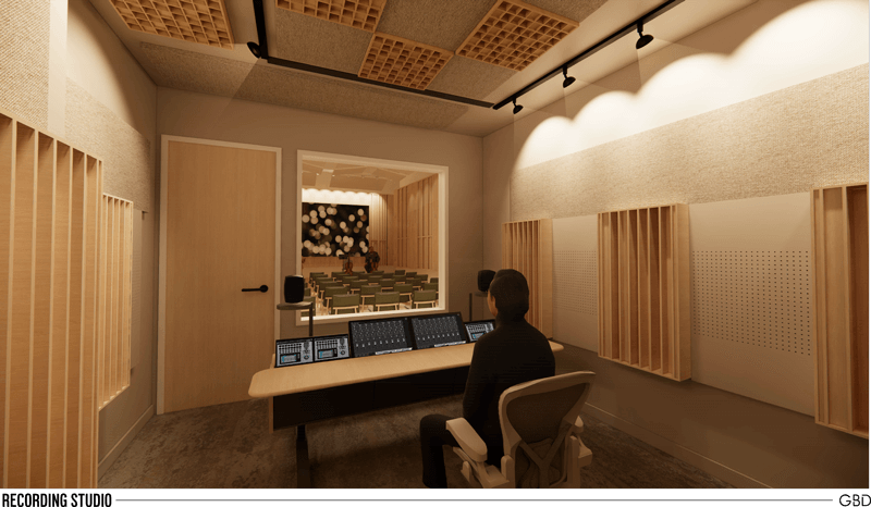 Architect rendering of the new All Classical Radio recording studio at KOIN Tower. Opening Summer 2024.
