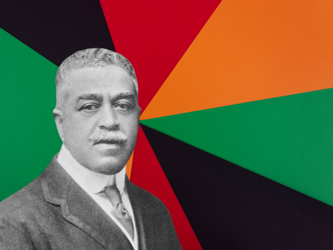 photo of Harry Burleigh against a black, red, orange, and green background